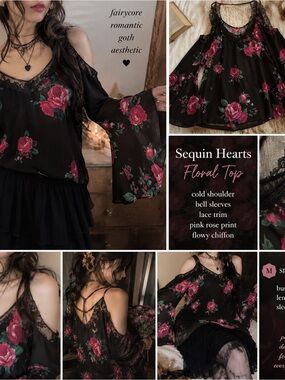 Vintage Shirt Medium Black Floral Cold Shoulder Fairycore Goth Romance Lace Boho
